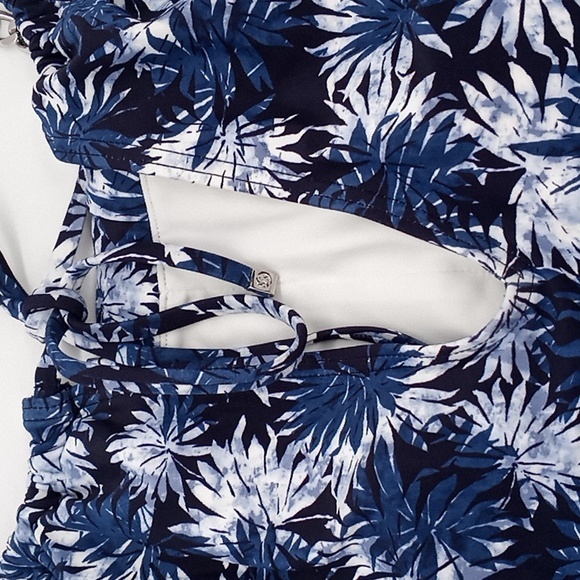 MICHAEL Michael Kors Blouson High Neck Tankini Swim Top Blue‎ Palm Mix L - Picture 9 of 12